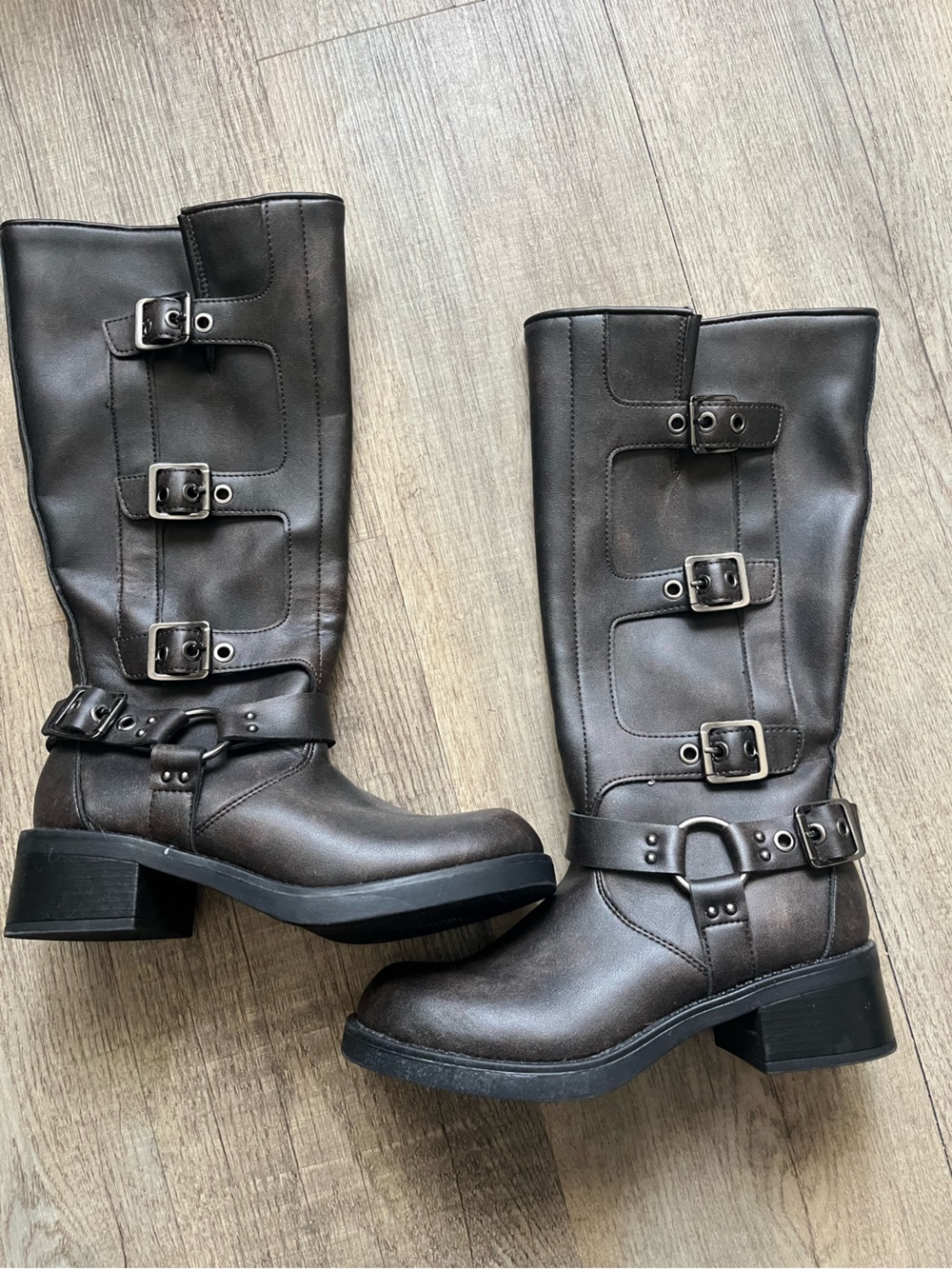 Women's Dark Brown Buckle Moto Boots - Sleek Style